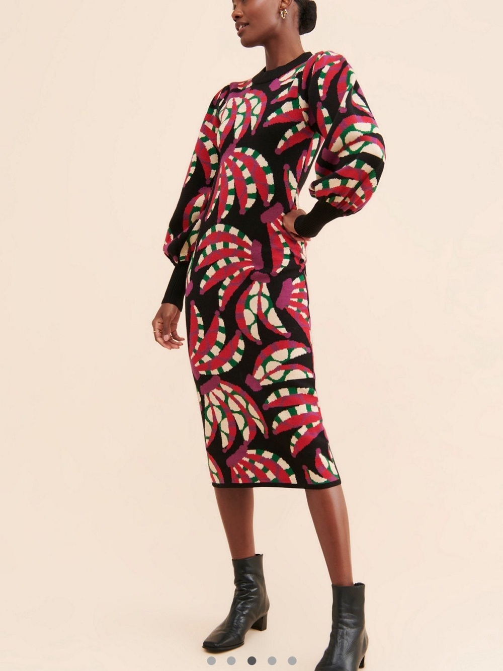 FARM Rio Black Knit Midi Dress with Pink, Green and Cream Abstract Motif